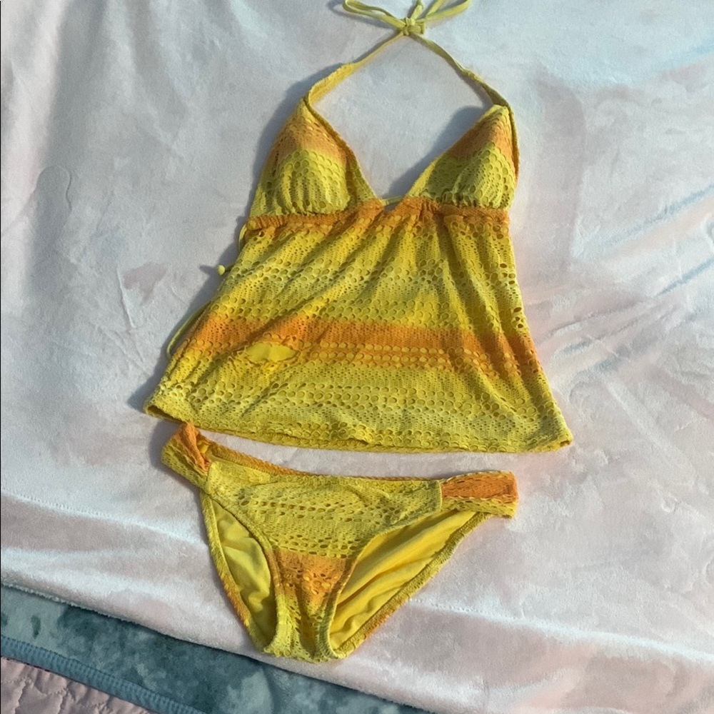 Yellow and Orange Lace Halter Bikini Set